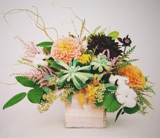 White and pink flowers on a wooden box