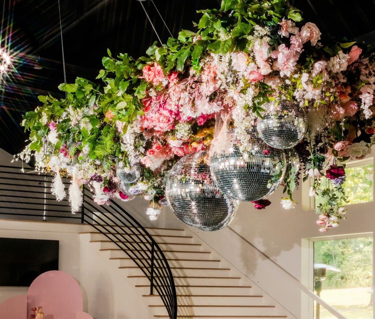 Flowers hanging from a ceiling